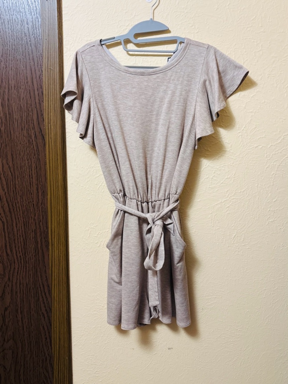 Express Beige Tie-Waist Short Sleeve Jumpsuit